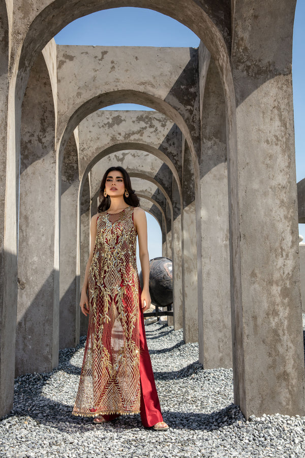 F24-005-Scarlet Splendor Shirt paired with bootcut pants-Izma