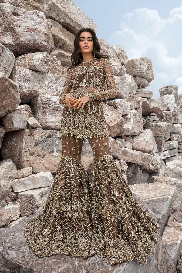 B23-001 -Exquisite Brown and Gold Embellished Bridal Dress  with Gharara