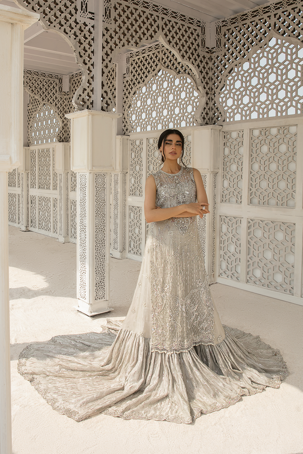 B23-002 -Elegant Silver Embellished Bridal Gown with Farshi Lehnga