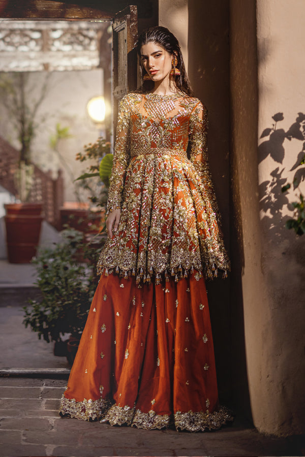 Bridal Tangerine Peplum Embellished with Naqshi Gold Work (B24-004)